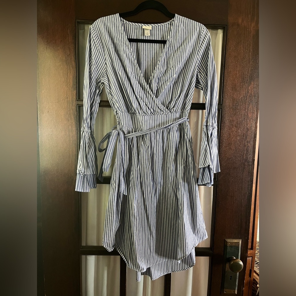 A New Day Women’s Faux Wrap Blue Striped Cotton Dress size M